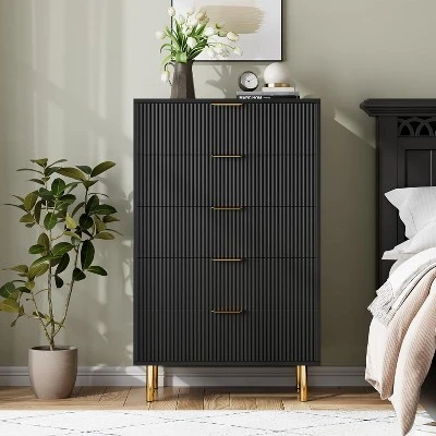 5 Drawer Fluted Wood Dresser For Bedroom, 29.5" Wide Large Modern Chest Of Drawers, White Dresser With Gold Handle, TV Stand 3 5 Drawer Fluted Wood Dresser For Bedroom, 29.5" Wide Large Modern Chest Of Drawers, White Dresser With Gold Handle, TV Stand - Image 3