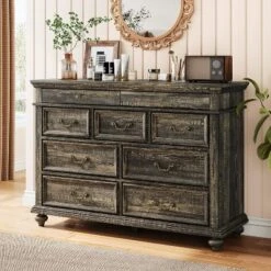 47" Farmhouse Dresser For Bedroom With 9 Drawers, Rustic Wood Chest With Vintage Metal Handles For Bedroom -Home Decor Store GUEST b0a2d05d 30d0 46ca 90e8 0811a9c86a93