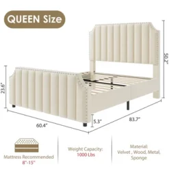 WhizMax Queen/King Size Bed Frame With 50.2" Tall Headboard, Velvet Upholstered Bed Frame Queen With Vertical Channel Tufted Headboard & Footboard