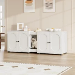 55.1" Double Cat Litter Box Enclosure With Rattan Doors - Hidden Cabinet For 2 Cats, Odor Control & Litter Mat -Home Decor Store GUEST b119acaf 48c9 4fd3 9da0 c13a55e51ed2