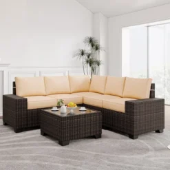 6 Pieces Outdoor Patio Furniture Set, Wicker Patio Conversation Set Sectional Sofa, Brown Patio Sofa With 5 Navy Blue Cushions And 1 Coffee Table -Home Decor Store GUEST b673decd abb6 48cf aa22 eb05b09c468e