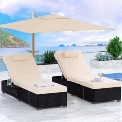 Outdoor PE Wicker Chaise Lounge Chairs Set Of 2 Patio Brown Rattan Reclining Chair Adjustable Backrest Pool Sunbathing Recliners With Cushion Cover -Home Decor Store GUEST b729617c 0a3b 4003 8a99 cdacce6f78bf