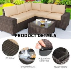 6 Pieces Outdoor Patio Furniture Set, Wicker Patio Conversation Set Sectional Sofa, Brown Patio Sofa With 5 Navy Blue Cushions And 1 Coffee Table