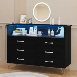 Dresser For Bedroom With Led Light & Charging Station, 6 Wooden Drawers Dressers With 2-Tier Open Shelves 14 Dresser For Bedroom With Led Light & Charging Station, 6 Wooden Drawers Dressers With 2-Tier Open Shelves -Home Decor Store GUEST b98279a2 9fd8 48cb 8fdf 6d5b0f7fc251 2
