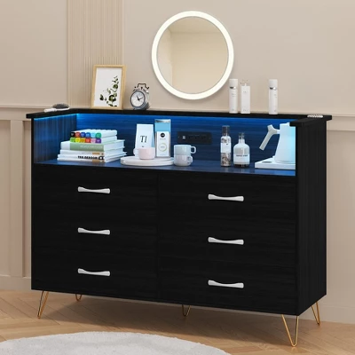 Dresser For Bedroom With Led Light & Charging Station, 6 Wooden Drawers Dressers With 2-Tier Open Shelves 7 Dresser For Bedroom With Led Light & Charging Station, 6 Wooden Drawers Dressers With 2-Tier Open Shelves - Image 7