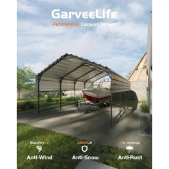 13'x21' Heavy-duty Metal Carport With 10 Ft Height And 16-gauge Poles; Perfect Permanent Shelter For Full-sized Pickup Trucks, Boats, And Tractors.