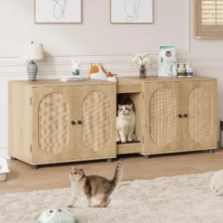 55.1" Double Cat Litter Box Enclosure With Rattan Doors - Hidden Cabinet For 2 Cats, Odor Control & Litter Mat -Home Decor Store GUEST bdcb633c 9323 4efe ba68 53e72c3041e3