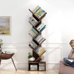 Tree Bookshelf With Storage, 8 Tier Wooden Tall Book Shelf, Floor Standing Bookcase For Kids And Adults