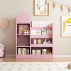 Wooden Kids Bookshelf Toy Storage Organizer With Bookcase, Kid's Bin Storage Unit With 6 Compartments 2 Baskets Bins Toys Box Organizer -Home Decor Store GUEST c02b5749 6740 4025 b09e 414b7f66a667