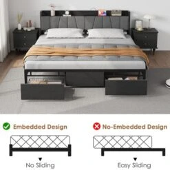 Whizmax King Size Bed Frame With Upholstered Headboard, Industrial King Platform Bed With 2 Storage Drawers And Charging Station, No Box Spring Needed 11 Whizmax King Size Bed Frame With Upholstered Headboard, Industrial King Platform Bed With 2 Storage Drawers And Charging Station, No Box Spring Needed -Home Decor Store GUEST c2448bd9 f894 4d4e b135 21893aec8658