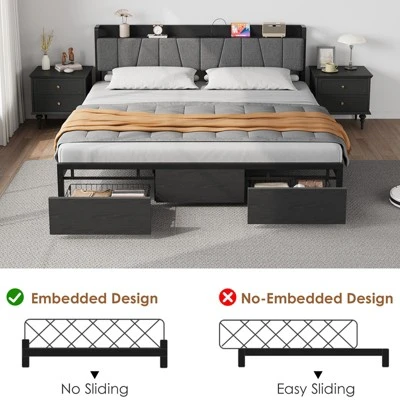 Whizmax King Size Bed Frame With Upholstered Headboard, Industrial King Platform Bed With 2 Storage Drawers And Charging Station, No Box Spring Needed 6 Whizmax King Size Bed Frame With Upholstered Headboard, Industrial King Platform Bed With 2 Storage Drawers And Charging Station, No Box Spring Needed - Image 6