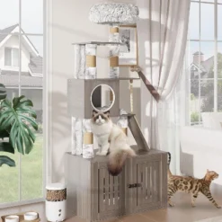 Modern Cat Tree With Litter Box Enclosure And Large Platform, All-in-One Cat Furniture With Space Capsule，Food Station And Hammocks, Gray -Home Decor Store GUEST c4f15557 cbaa 46ea acdd 15aa5c210a9f