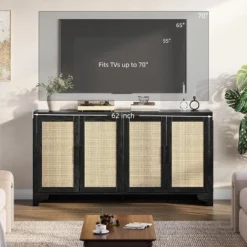 TV Stand For TVs Up To 70'', Natural Rattan Entertainment Center With Storage Cabinets, Boho Media Console Table For Living Room -Home Decor Store GUEST c7f04633 f5d4 4548 a3a9 3f92d3b82a10