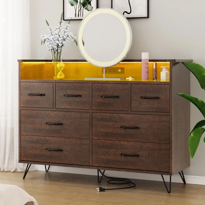 Dresser For Bedroom With LED Light & Power Outet, 8 Drawers Wooden Dressers With Open Space, Modern Chest Of Wide Drawers 9 Dresser For Bedroom With LED Light & Power Outet, 8 Drawers Wooden Dressers With Open Space, Modern Chest Of Wide Drawers - Image 9