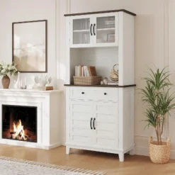 72" Tall Kitchen Pantry Cabinet With Storage Drawers And 2 Glass Doors, Farmhouse Kitchen Hutch For Living Room, Dining Room, White -Home Decor Store GUEST cabf6f2f 7ff3 4ac0 b553 f789d5874e38