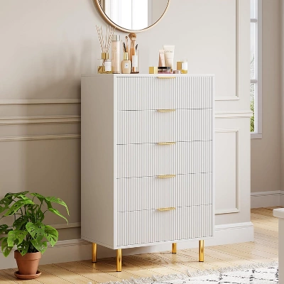 5 Drawer Fluted Wood Dresser For Bedroom, 29.5" Wide Large Modern Chest Of Drawers, White Dresser With Gold Handle, TV Stand 11 5 Drawer Fluted Wood Dresser For Bedroom, 29.5" Wide Large Modern Chest Of Drawers, White Dresser With Gold Handle, TV Stand - Image 11
