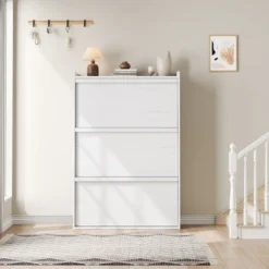 Shoe Cabinet With 3 Flip Drawers, Shoe Storage For Entryway, Wooden Shoe Organizer Cabinet, Hidden Shoe Rack For Hallway, Living Room, Rustic White -Home Decor Store GUEST cd71c28b 6e96 481f ae9e fbf792baaea2