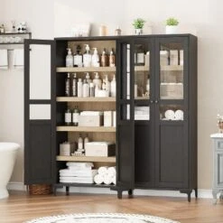 63 Inch 5 Tier Bathroom Tall Storage Cabinet With Glass Doors And Adjustable Shelves, Kitchen Pantry Cabinet For Dining Room, Bathroom Black -Home Decor Store GUEST cd8b05ab 77c8 4d72 9255 5c35d46adbe8