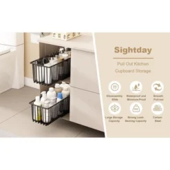 2PCS Pull Out Cabinet Organizer Heavy Duty Carbon Steel Slide Out Drawers Multifunctional Sliding Pantry Shelves For Kitchen Base Cabinet Organization