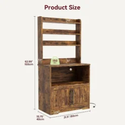 Farmhouse Microwave Stand Bakers Rack With Power Outlet, 63" Freestanding Bakers Rack With Thickened Counter And Storage Cabinet For Kitchen,Dining