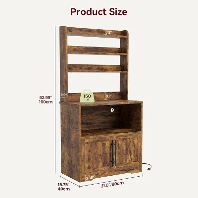 Farmhouse Microwave Stand Bakers Rack With Power Outlet, 63" Freestanding Bakers Rack With Thickened Counter And Storage Cabinet For Kitchen,Dining 1 Farmhouse Microwave Stand Bakers Rack With Power Outlet, 63" Freestanding Bakers Rack With Thickened Counter And Storage Cabinet For Kitchen,Dining