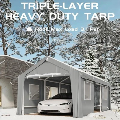 10'x20' Windproof Carport With Reinforced Frames And 180g PE Canopy; Includes Front And Rear Doors, Perfect For Pickups, Boats, And Equipment. 1 10'x20' Windproof Carport With Reinforced Frames And 180g PE Canopy; Includes Front And Rear Doors, Perfect For Pickups, Boats, And Equipment.