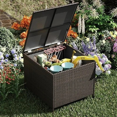 WhizMax Outdoor Storage Box, 80 Gallon Deck Box, Waterproof PE Rattan Storage Bench For Patio Cushions, Gardening Tools, Pool Accessories, Brown 7 WhizMax Outdoor Storage Box, 80 Gallon Deck Box, Waterproof PE Rattan Storage Bench For Patio Cushions, Gardening Tools, Pool Accessories, Brown - Image 7