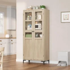 63 Inch 5 Tier Bathroom Tall Storage Cabinet With Glass Doors And Adjustable Shelves, Kitchen Pantry Cabinet For Dining Room, Bathroom Natural -Home Decor Store GUEST d0264a5c 7041 4f7e b4a9 8f25e1726aad