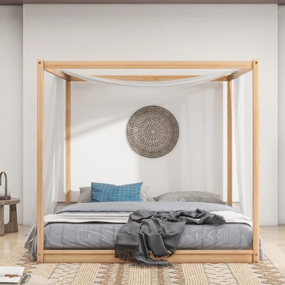 King Size Bed Frame, Modern Wooden Canopy Bed Frame With Low Base Support Legs, King Size Canopy Bed For Kids Teens, No Box Spring Needed Natural 3 King Size Bed Frame, Modern Wooden Canopy Bed Frame With Low Base Support Legs, King Size Canopy Bed For Kids Teens, No Box Spring Needed Natural - Image 3