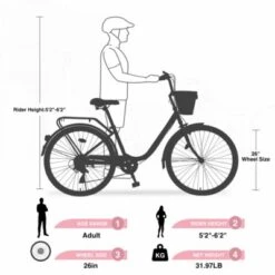 7 Speed City Bike With Basket , Steel Frame,Multiple Colors 26 Inch Girls Bicycle