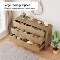 Whizmax Modern Wooden 6 Drawer Dresser With Vintage Pattern Design, Chest Dresser With Deep Drawers For Bedroom, Living Room, Oak And Gold -Home Decor Store GUEST d67a8767 a997 44ab 8337 9c65b641c525