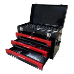 Whizmax 3Drawer Metal Toolbox With Ball-Bearing Drawer Slides- Portable Tool Chest Organizer With Tools Set(Black+Red)