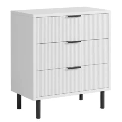 Wave Fluted 3 Drawers Dresser, 30'' Tall Wood Nightstand, Modern Chest Of Drawers, Wide Side Table With Black Metal Legs For Bedroom Hallway, White -Home Decor Store GUEST d9a1050c f6dc 4e8e 9dd1 85a41be1a3a5