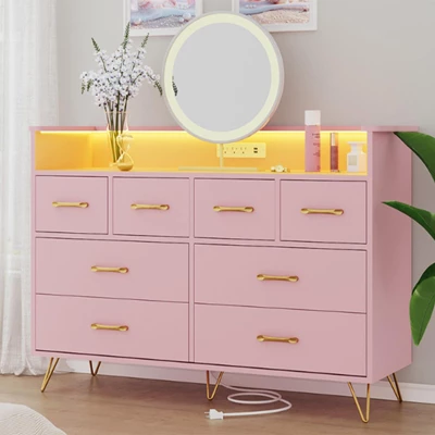 Dresser For Bedroom With LED Light & Power Outet, 8 Drawers Wooden Dressers With Open Space, Modern Chest Of Wide Drawers 11 Dresser For Bedroom With LED Light & Power Outet, 8 Drawers Wooden Dressers With Open Space, Modern Chest Of Wide Drawers - Image 11