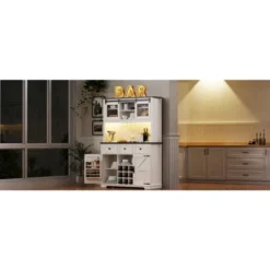 71" Farmhosue Pantry Bar Cabinet With Internal Pegboard Storage Rack,Power Outlet,Kitchen Cabinet With Sliding Door,9 Wine & Glasses Rack,3 Drawers -Home Decor Store GUEST dcf18dc3 f7b2 4c95 b4a2 dc0c1b611882