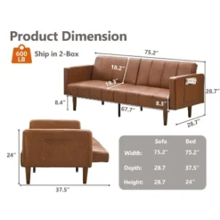 75" Futon Sofa Bed, Mid-Century Modern Futon Couch, Convertible Sleeper Sofa With Adjustable Backrest, PU Leather Sofa Couch For Living Room, Brown