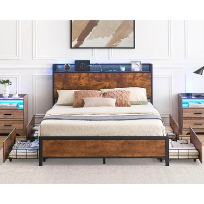 Full Queen Bed Frame With Storage Drawers And Charging Station, LED Light Bed With Storage Headboard, Platform Bed With Strong Wood Slats Support 2 Full Queen Bed Frame With Storage Drawers And Charging Station, LED Light Bed With Storage Headboard, Platform Bed With Strong Wood Slats Support - Image 2