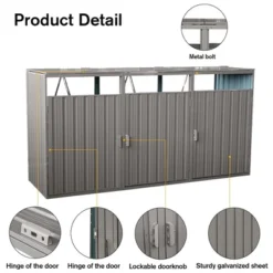 Outdoor Garbage Bin Shed For 3 Trash Cans, Stainless Galvanized Steel Bin Shed W/Lifting Lids Lockable Doors, Ventilated Storage Shed For Garden Yard