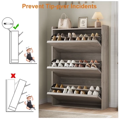 Shoe Cabinet With 3 Flip Drawers, Modern Shoe Storage For Entryway, Wooden Shoe Organizer Cabinet With Adjustable Shelf, For Hallway, Grey 6 Shoe Cabinet With 3 Flip Drawers, Modern Shoe Storage For Entryway, Wooden Shoe Organizer Cabinet With Adjustable Shelf, For Hallway, Grey - Image 6