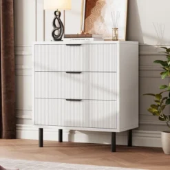Wave Fluted 3 Drawers Dresser, 30'' Tall Wood Nightstand, Modern Chest Of Drawers, Wide Side Table With Black Metal Legs For Bedroom Hallway, White