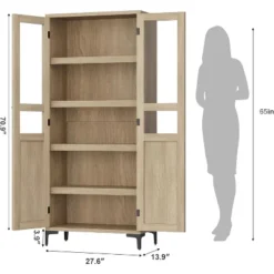 63 Inch 5 Tier Bathroom Tall Storage Cabinet With Glass Doors And Adjustable Shelves, Kitchen Pantry Cabinet For Dining Room, Bathroom Natural