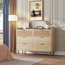 WhizMax Rattan 6 Drawer Dresser, Wooden Chest Of Drawers With Metal Legs And Handles, Wide Double Drawer Dresser For Bedroom, Living Room, Natural -Home Decor Store GUEST ea4fbe15 c52c 4b01 a949 c734a785fbdd