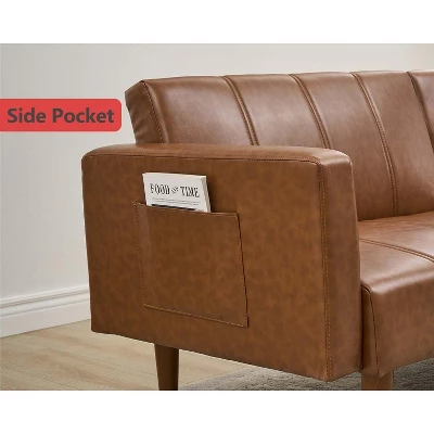 75" Mid-Century Futon Sofa Bed - PU Leather Convertible Sleeper Couch With Adjustable Backrest & Side Pockets For Living Room & Bedroom 7 75" Mid-Century Futon Sofa Bed - PU Leather Convertible Sleeper Couch With Adjustable Backrest & Side Pockets For Living Room & Bedroom - Image 7
