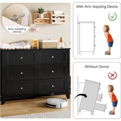 Large 6 Drawer Dresser With Deep Drawers & Metal Knobs, Modern Wooden Double Chests Of Drawers For Entryway 5 Large 6 Drawer Dresser With Deep Drawers & Metal Knobs, Modern Wooden Double Chests Of Drawers For Entryway - Image 5