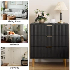 Modern 3 Drawer Dresser For Bedroom, Large Nightstand Chest Of Drawers, Modern Wood Storage Dresser Organizer With Gold Metal Handles -Home Decor Store GUEST ef12e19a 1c85 4750 a704 9e232d783888