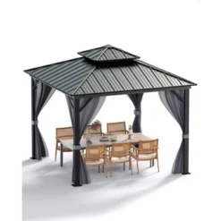 12'x12' Hardtop Gazebo For All Weather With Double Metal Roof, Aluminum Alloy Frame, Net, And Curtain; Perfect For Patio, Deck, And Backyard. Gray. 27 12'x12' Hardtop Gazebo For All Weather With Double Metal Roof, Aluminum Alloy Frame, Net, And Curtain; Perfect For Patio, Deck, And Backyard. Gray. -Home Decor Store GUEST f046b817 22f6 41ad 8592 8603ffb3f62f