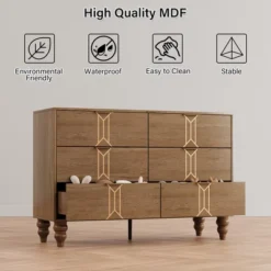 Whizmax Modern Wooden 6 Drawer Dresser With Vintage Pattern Design, Chest Dresser With Deep Drawers For Bedroom, Living Room, Oak And Gold -Home Decor Store GUEST f6360719 abce 4f4f a477 d1ab79ade239
