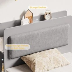 Twin Bed Frame With Upholstered Headboard And Storage – Wooden Platform Bed With 2 Drawers And 4 Open Shelves, Easy Assembly, Noise-Free, Grey -Home Decor Store GUEST f791b5a9 e2cc 4b1f ab28 5384de09fbc9