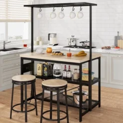 47" Large Kitchen Island Table Bakers Rack With Power Outlet And 3-Tier Storage-Microwave Stand Oven Shelf, Metal Coffee Bar Table