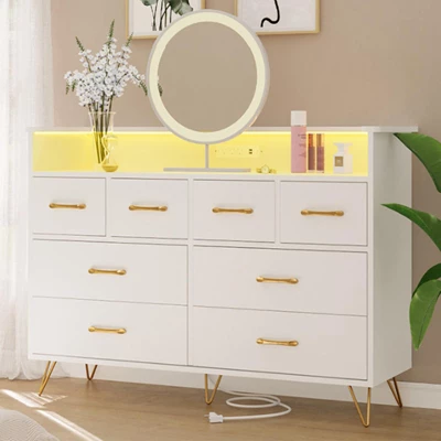Dresser For Bedroom With LED Light & Power Outet, 8 Drawers Wooden Dressers With Open Space, Modern Chest Of Wide Drawers 12 Dresser For Bedroom With LED Light & Power Outet, 8 Drawers Wooden Dressers With Open Space, Modern Chest Of Wide Drawers - Image 12